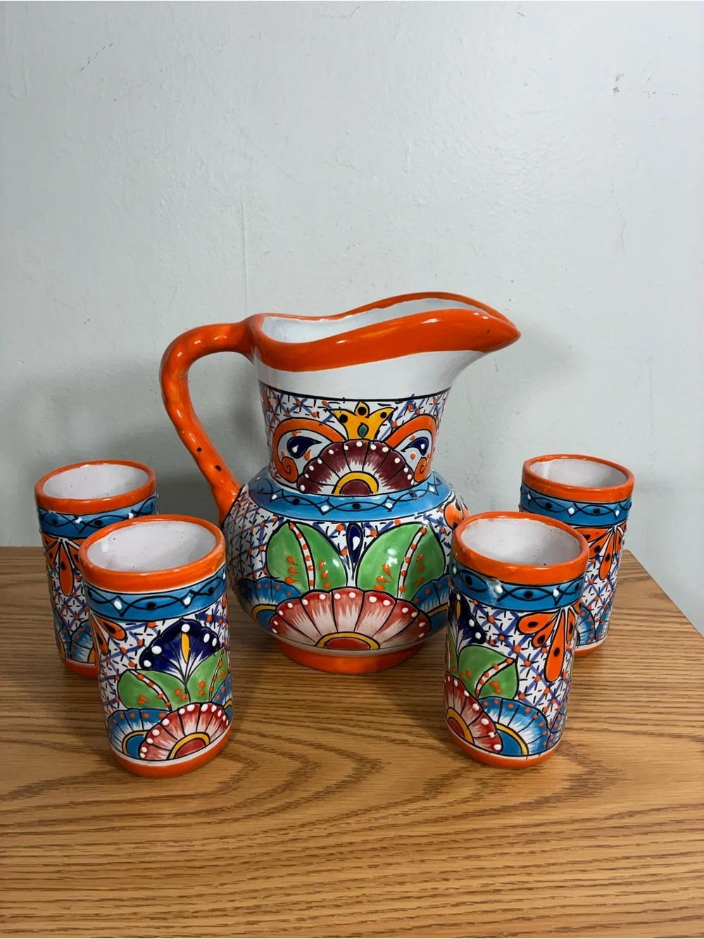 Talavera Hand-Painted Orange Floral Ceramic Pitcher and Tumbler Set